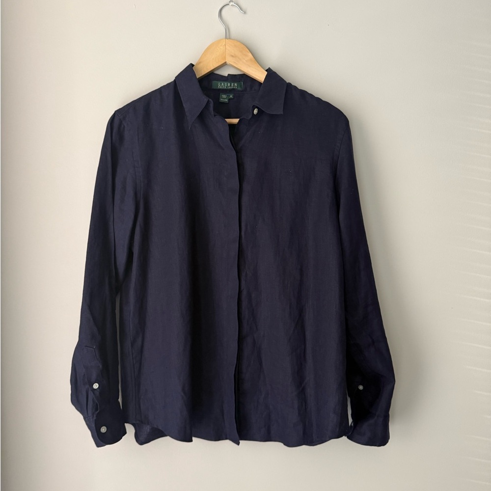 Ralph Lauren Classic Navy Shirt Roll Tab 100% Linen M